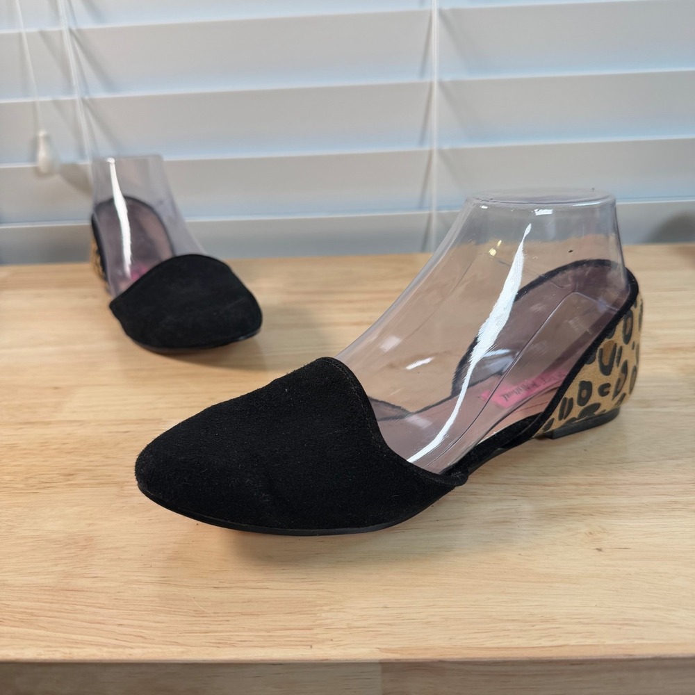 Betsey Johnson Cocoh D'Orsay Flats Women's Black Suede Leopard Print Slip On - 6
